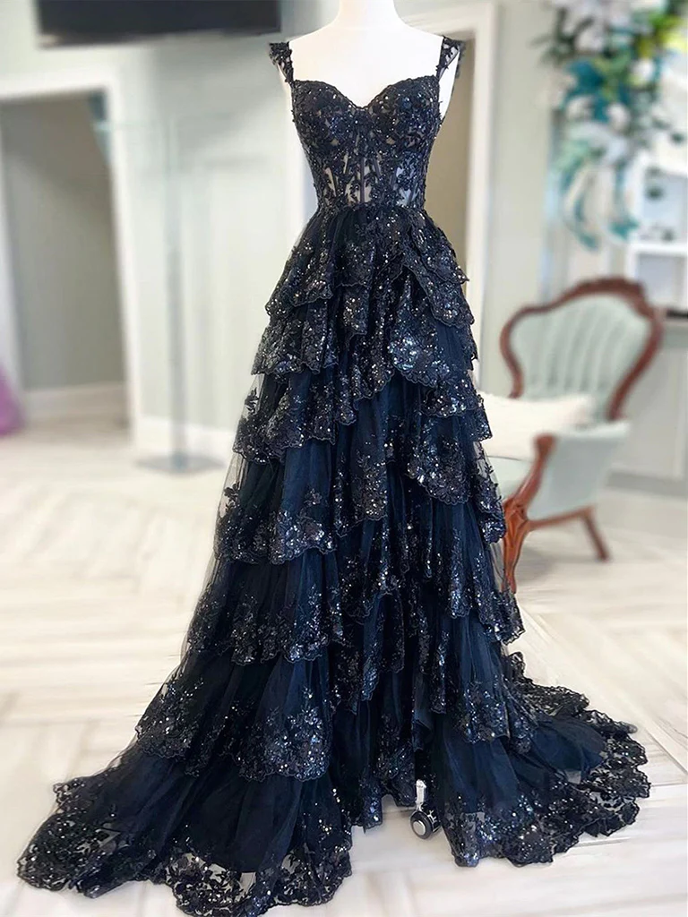 A-Line Sweetheart Neck Tulle Sequin Navy Blue Long Prom Dress