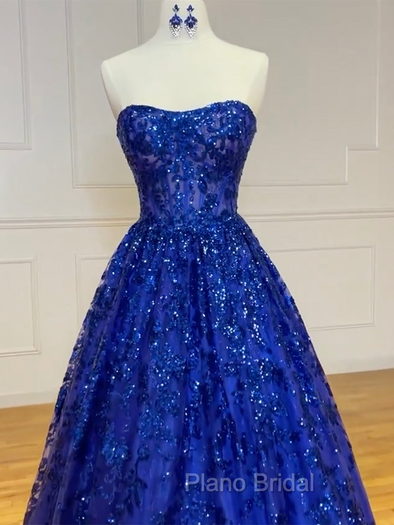 A-Line Sweetheart Neck Tulle Sequin Blue Long Formal Prom Dresses, Blue Long Formal Dresses