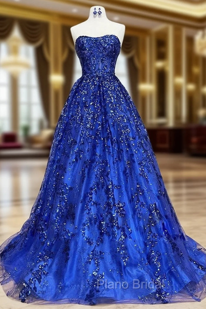 A-Line Sweetheart Neck Tulle Sequin Blue Long Formal Prom Dresses, Blue Long Formal Dresses Main image