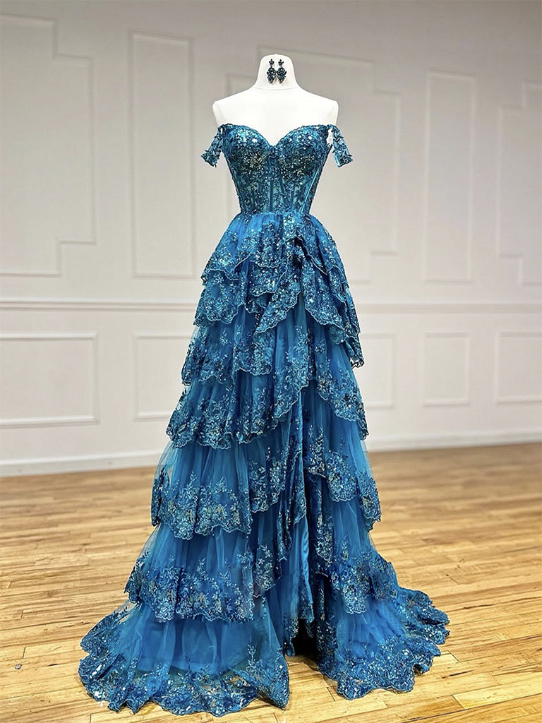 A-Line  Sweetheart Neck Tulle Sequin Lace Blue Long Formal Prom Dresses Main image