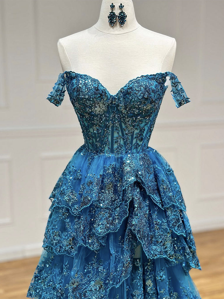 A-Line  Sweetheart Neck Tulle Sequin Lace Blue Long Formal Prom Dresses Secondary image