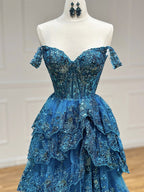 A-Line  Sweetheart Neck Tulle Sequin Lace Blue Long Formal Prom Dresses