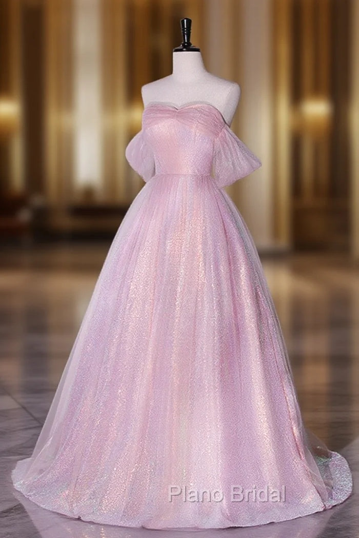 A-Line Sweetheart Neck Tulle Sequin Pink Long Formal Prom Dresses, Pink Tulle Formal Dresses Main image