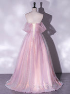 A-Line Sweetheart Neck Tulle Sequin Pink Long Formal Prom Dresses, Pink Tulle Formal Dresses