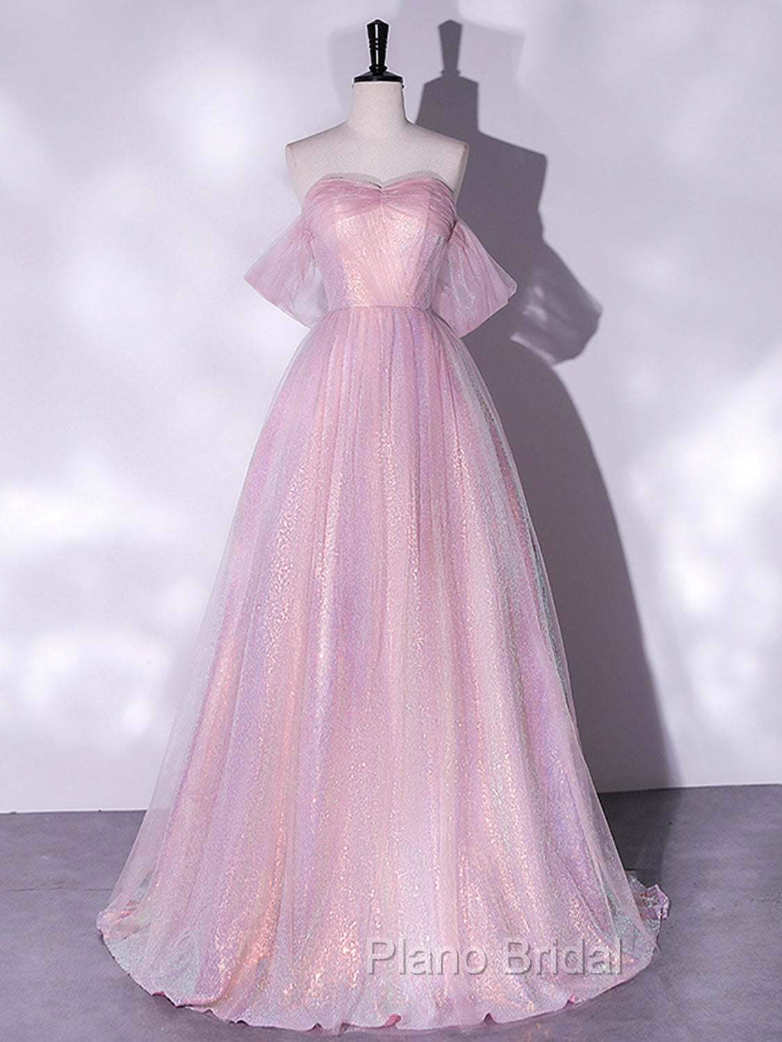 A-Line Sweetheart Neck Tulle Sequin Pink Long Formal Prom Dresses, Pink Tulle Formal Dresses