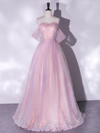 A-Line Sweetheart Neck Tulle Sequin Pink Long Formal Prom Dresses, Pink Tulle Formal Dresses