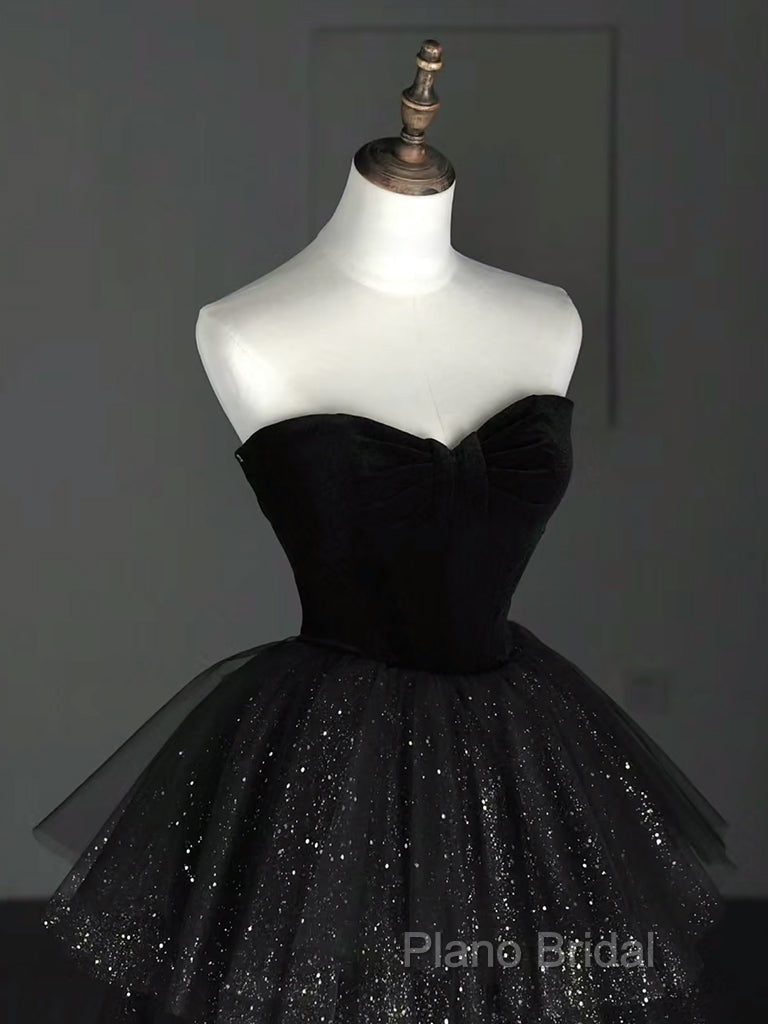 A-Line Sweetheart Neck Tulle Velvet Black Long Formal Prom Dresses, Black Formal Dresses Secondary image