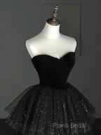 A-Line Sweetheart Neck Tulle Velvet Black Long Formal Prom Dresses, Black Formal Dresses