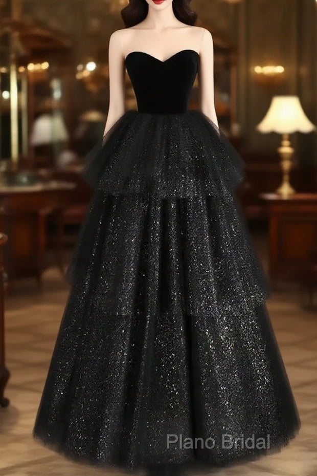 A-Line Sweetheart Neck Tulle Velvet Black Long Formal Prom Dresses, Black Formal Dresses Main image