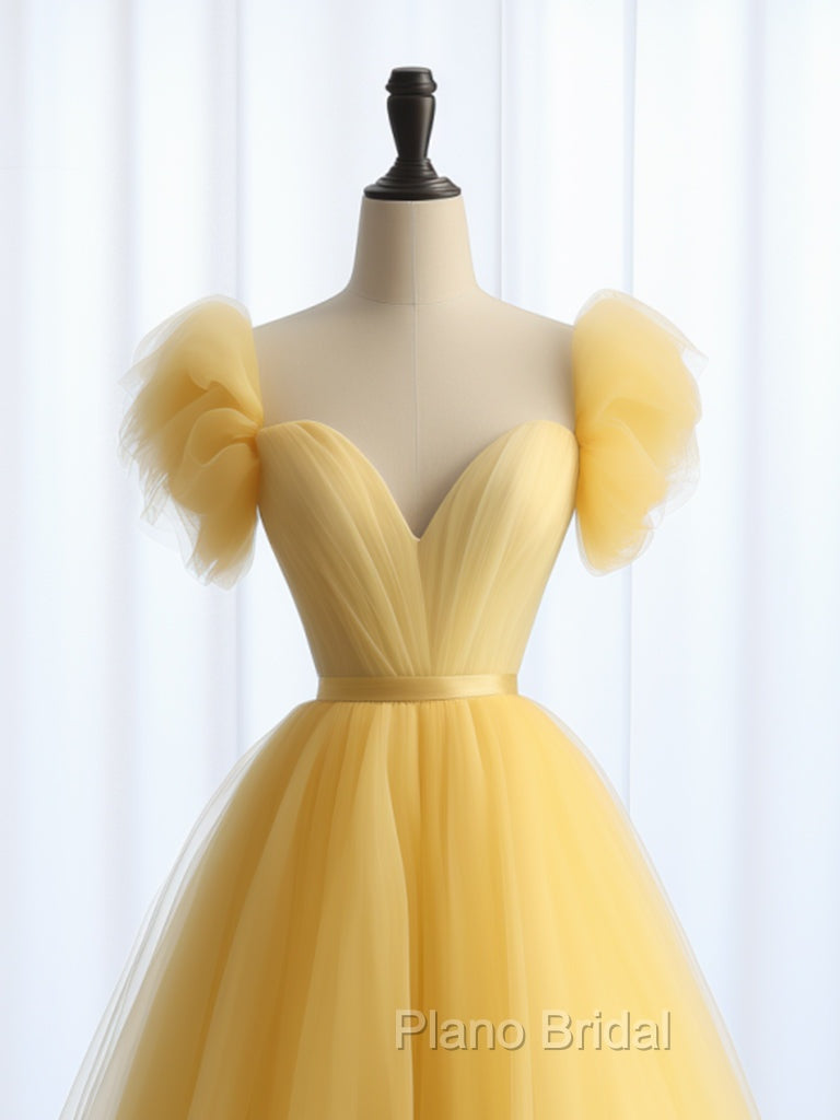A-Line Sweetheart Neck Tulle Yellow Long Formal Prom Dresses, Yellow Long Formal Dresses Secondary image