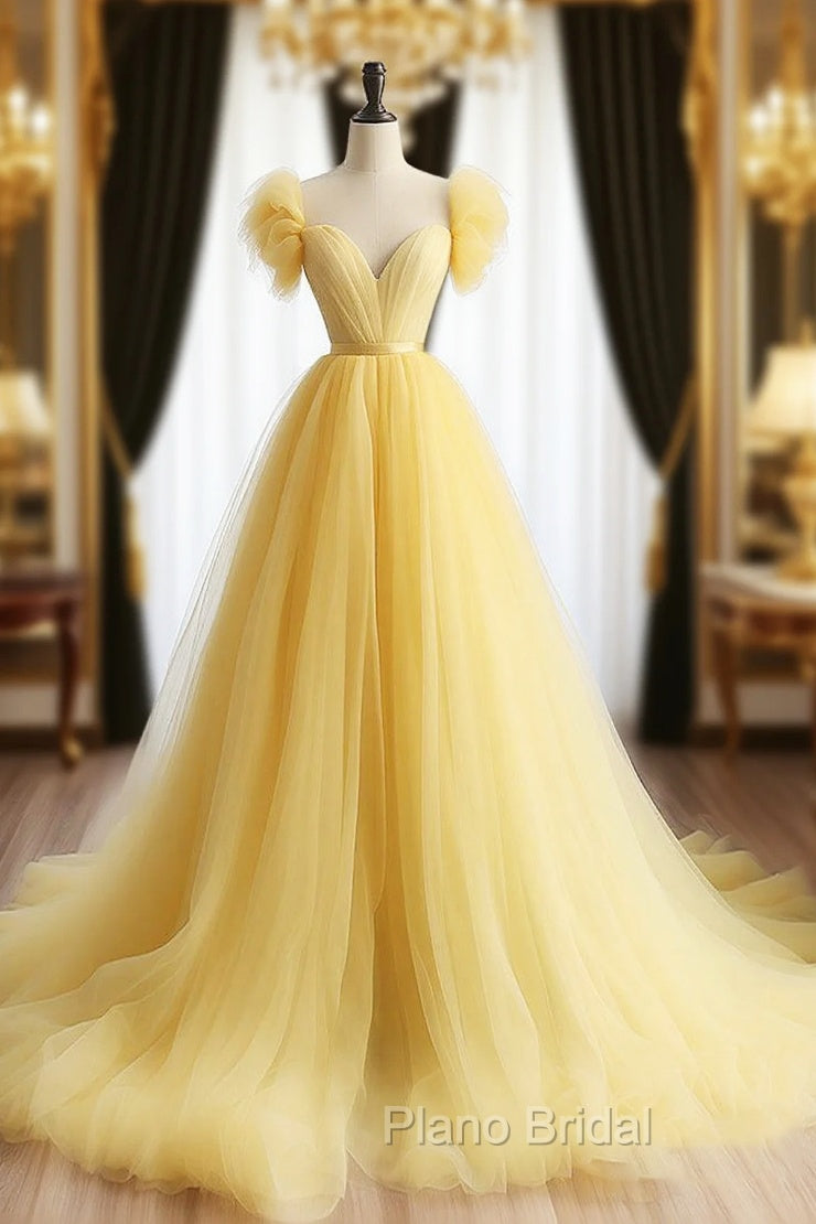 A-Line Sweetheart Neck Tulle Yellow Long Formal Prom Dresses, Yellow Long Formal Dresses Main image