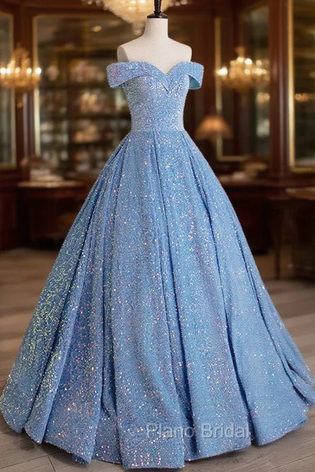 A-Line Sweetheart Neck Velvet Sequin Blue Long Formal Prom Dresses, Blue Formal Dresses