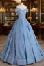 A-Line Sweetheart Neck Velvet Sequin Blue Long Formal Prom Dresses, Blue Formal Dresses
