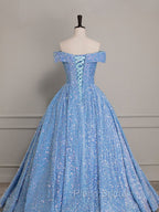 A-Line Sweetheart Neck Velvet Sequin Blue Long Formal Prom Dresses, Blue Formal Dresses