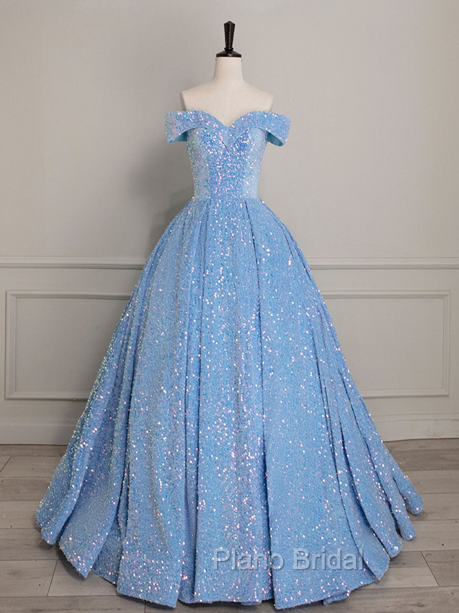 A-Line Sweetheart Neck Velvet Sequin Blue Long Formal Prom Dresses, Blue Formal Dresses Main image