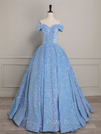 A-Line Sweetheart Neck Velvet Sequin Blue Long Formal Prom Dresses, Blue Formal Dresses