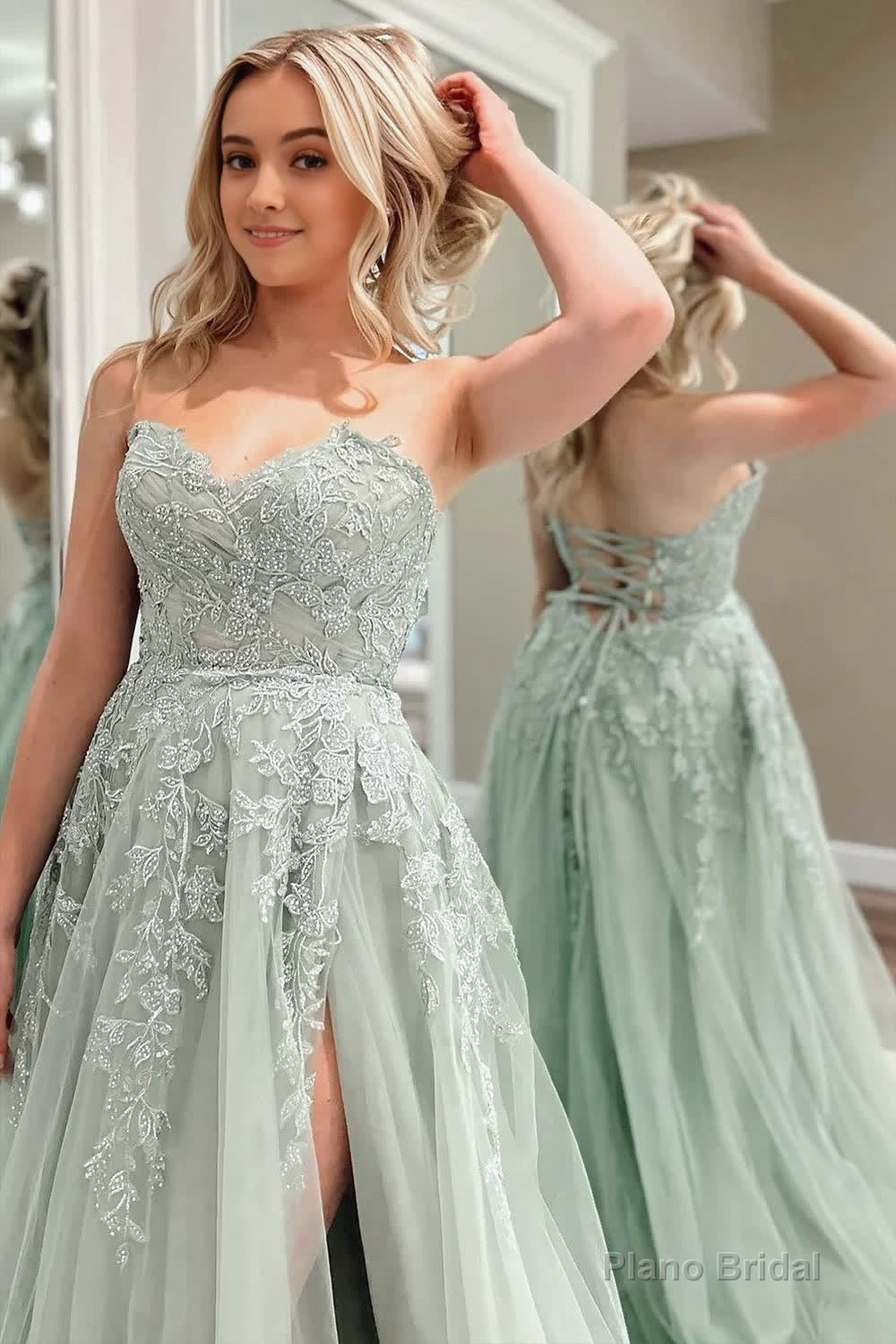 A-Line Sweetheart Sage Green Tulle Lace Long Prom Dresses Secondary image