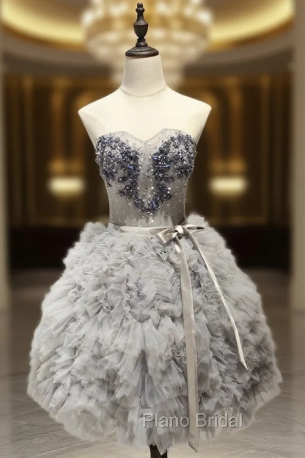 A-Line Sweetheart Short Tulle Silver Ruched Homecoming Dresses with Beading Main image