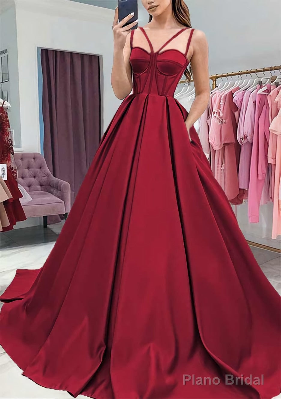 A-line Sweetheart Sleeveless Satin Sweep Train Prom Dresses With Pockets