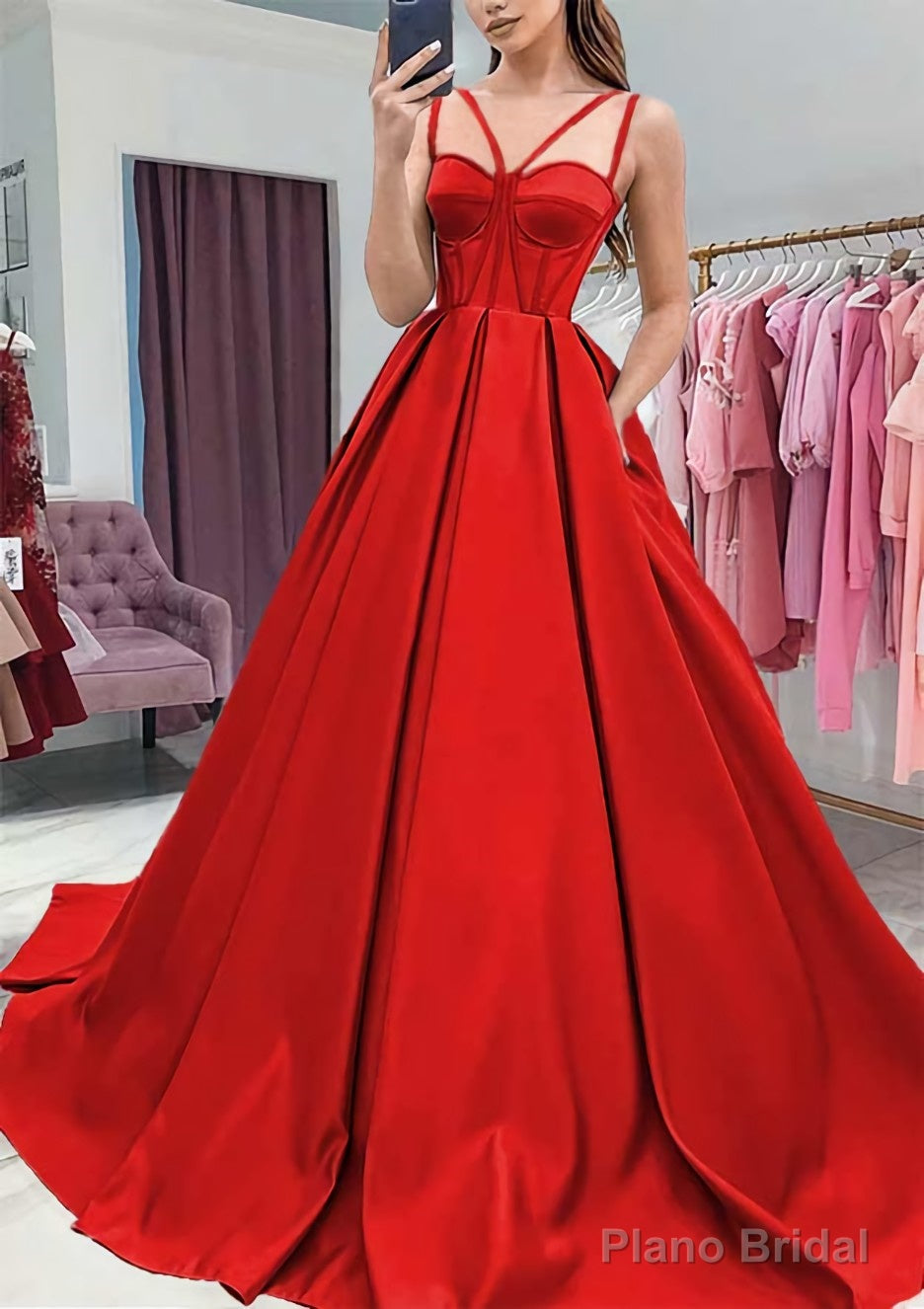 A-line Sweetheart Sleeveless Satin Sweep Train Prom Dresses With Pockets
