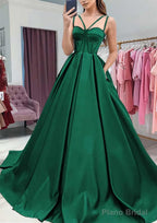 A-line Sweetheart Sleeveless Satin Sweep Train Prom Dresses With Pockets