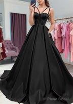 A-line Sweetheart Sleeveless Satin Sweep Train Prom Dresses With Pockets