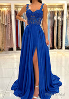 A-line Sweetheart Sleeveless Sweep Train Chiffon Prom Dresses With Appliqued Split