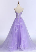 A-line Sweetheart Sleeveless Sweep Train Tulle Formal Prom Dresses With Beading Appliqued