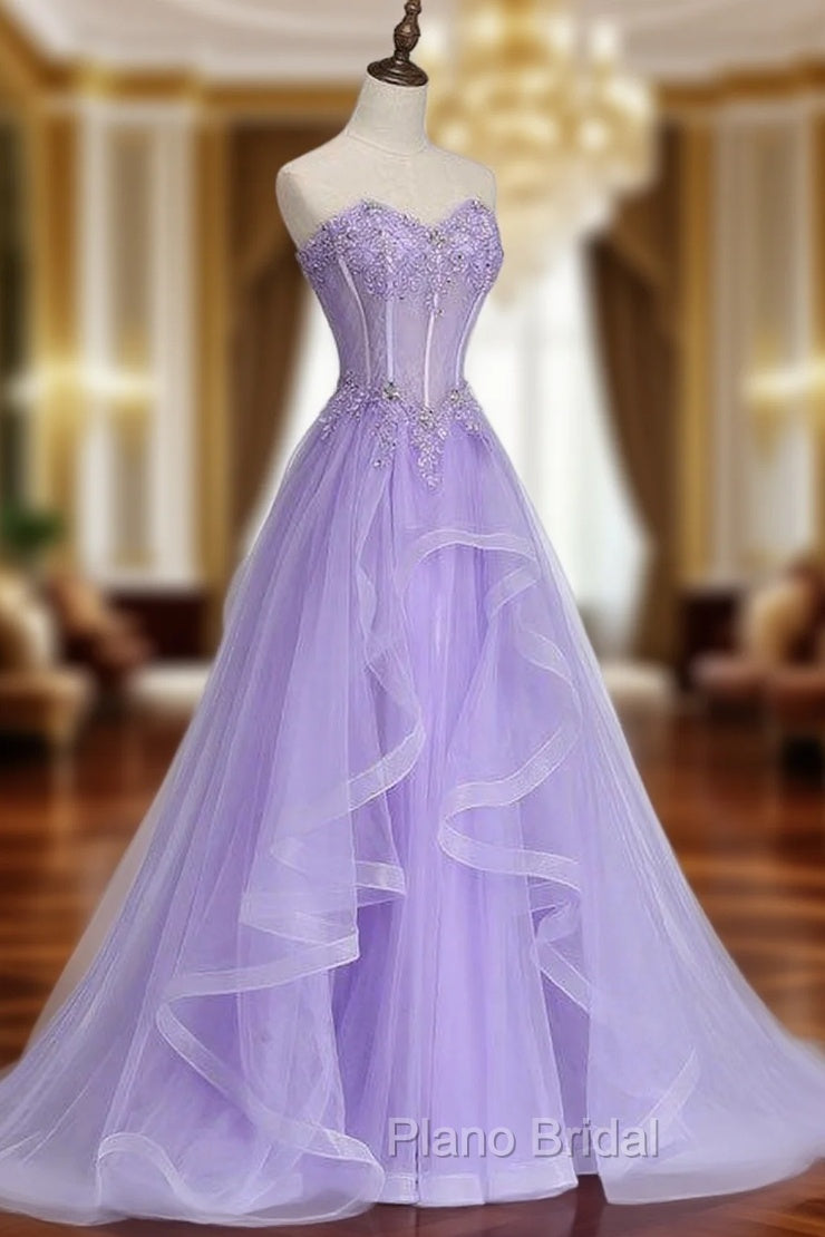 A-line Sweetheart Sleeveless Sweep Train Tulle Formal Prom Dresses With Beading Appliqued Main image
