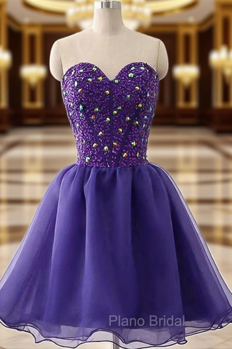 A-line Sweetheart Sleeveless Tulle Short/Mini Homecoming Dresses With Beading Rhinestone