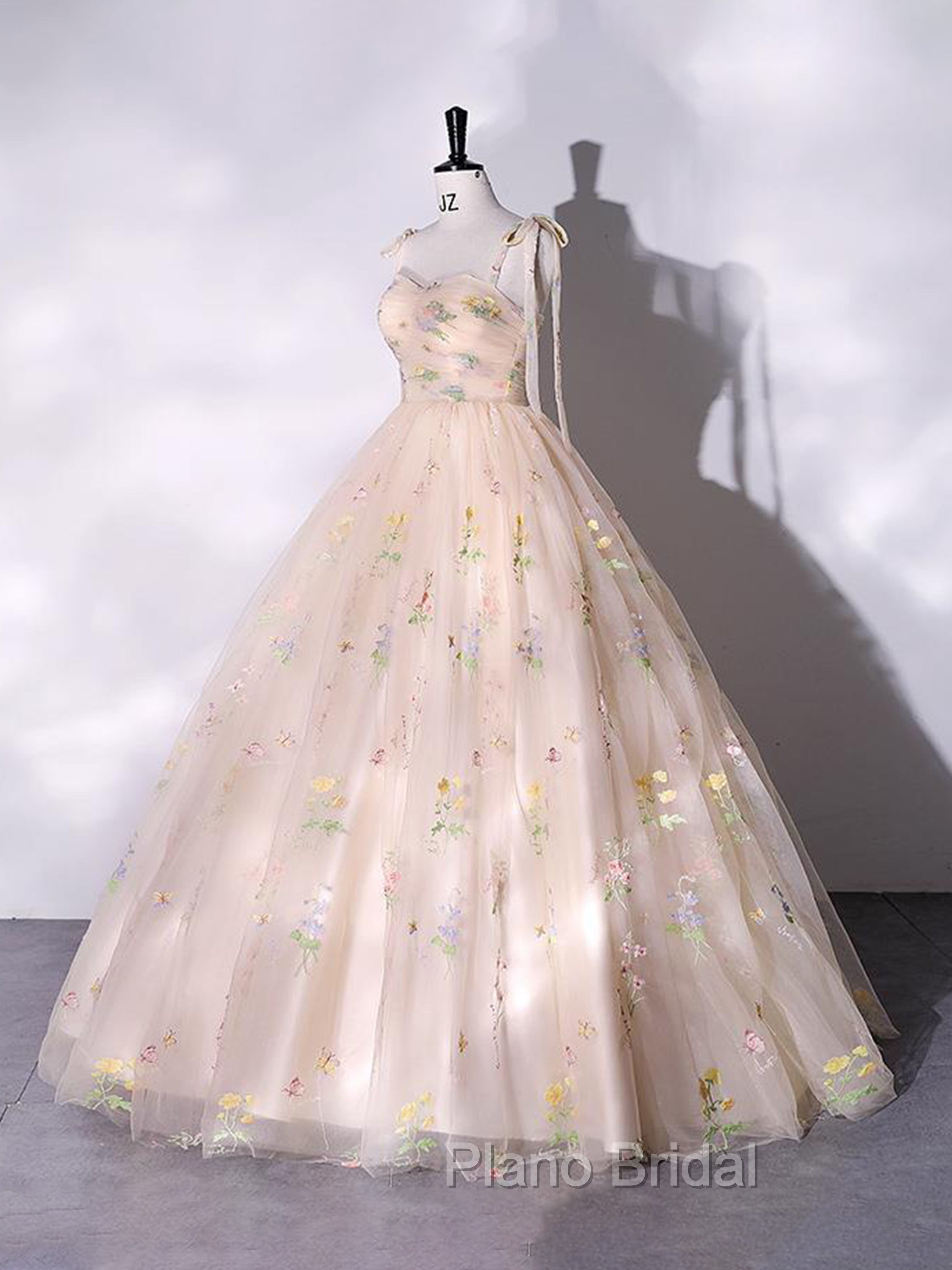 A-Line Sweetheart Sleeves Straps Embroidery Tulle Formal Prom Dresses Secondary image