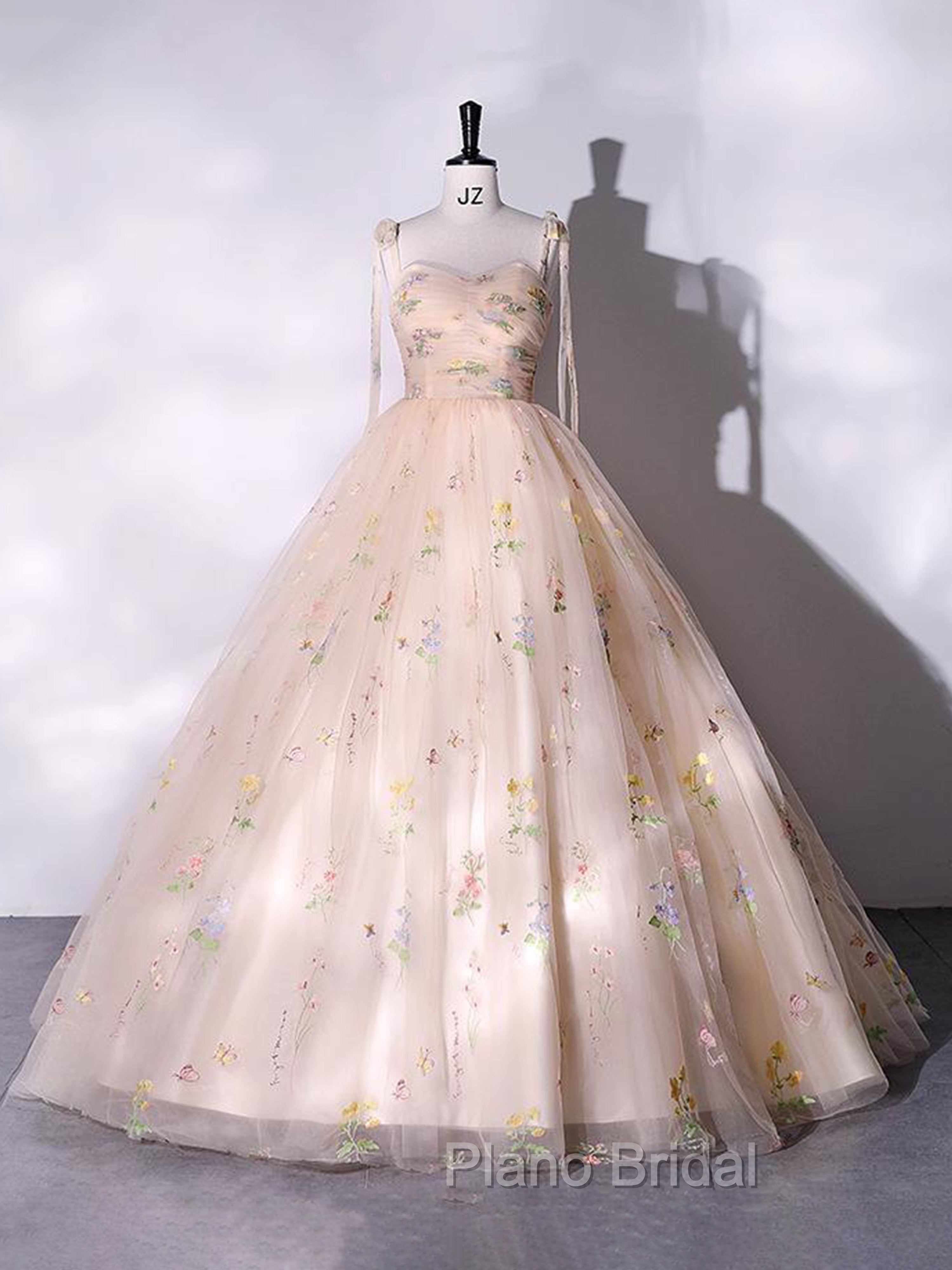 A-Line Sweetheart Sleeves Straps Embroidery Tulle Formal Prom Dresses