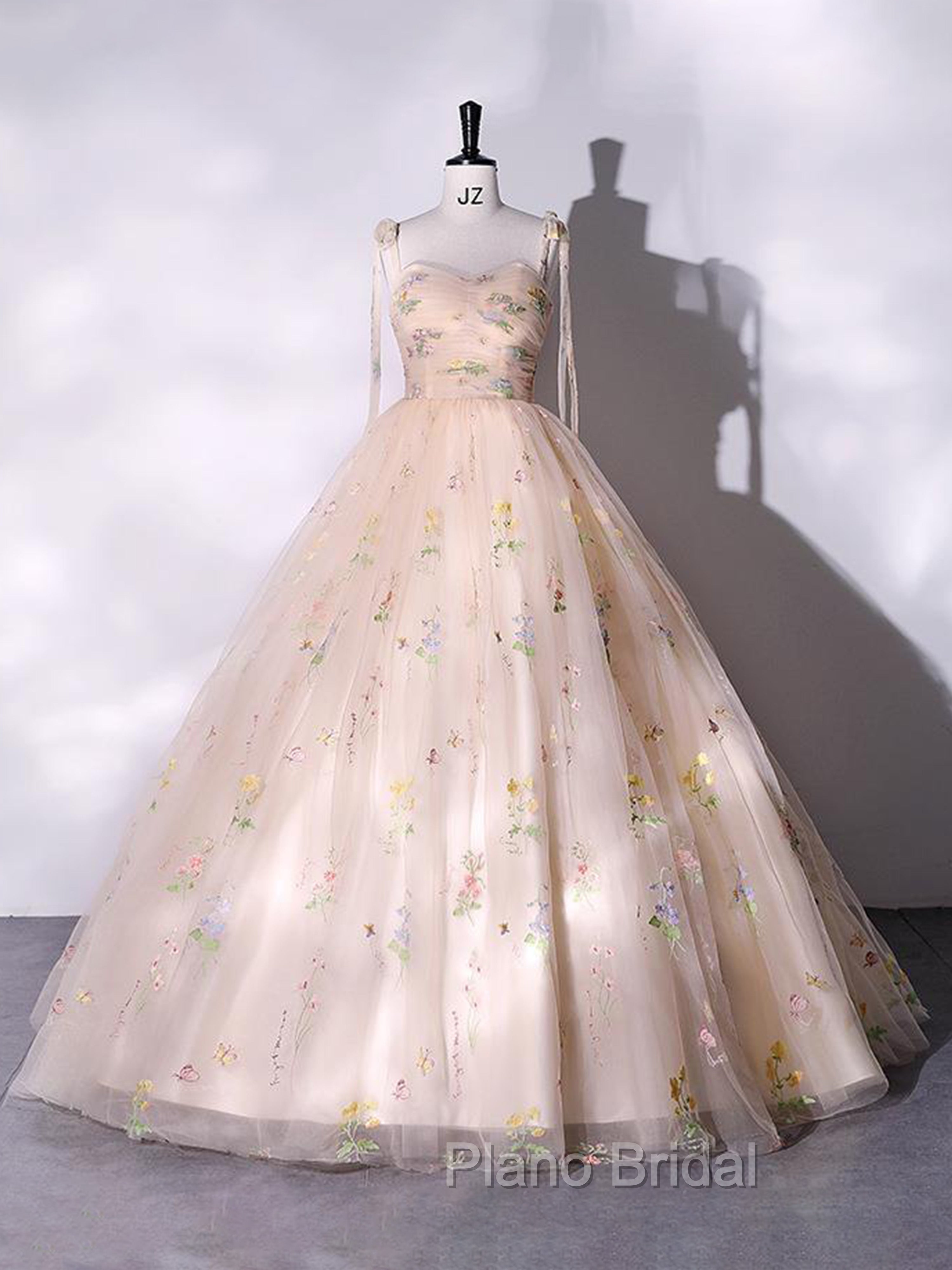 A-Line Sweetheart Sleeves Straps Embroidery Tulle Formal Prom Dresses