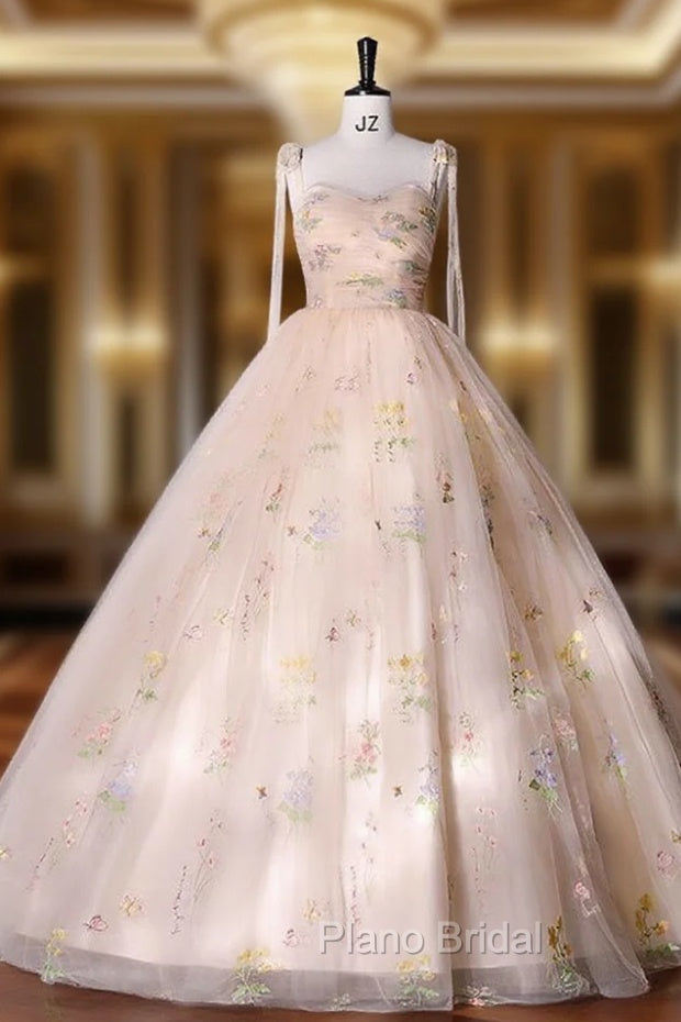 A-Line Sweetheart Sleeves Straps Embroidery Tulle Formal Prom Dresses Main image