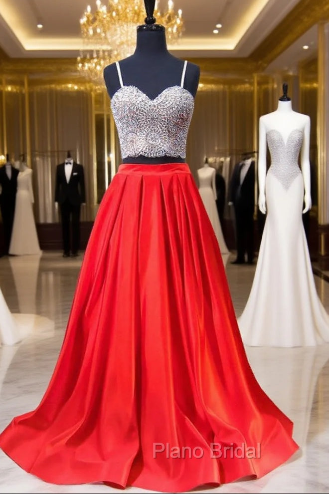 A-line Sweetheart Spaghetti Strap Satin Red Two Piece Formal Prom Dresses Main image