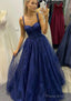 A-line Sweetheart Spaghetti Straps Long/Floor-Length Tulle Glitter Prom Dresses