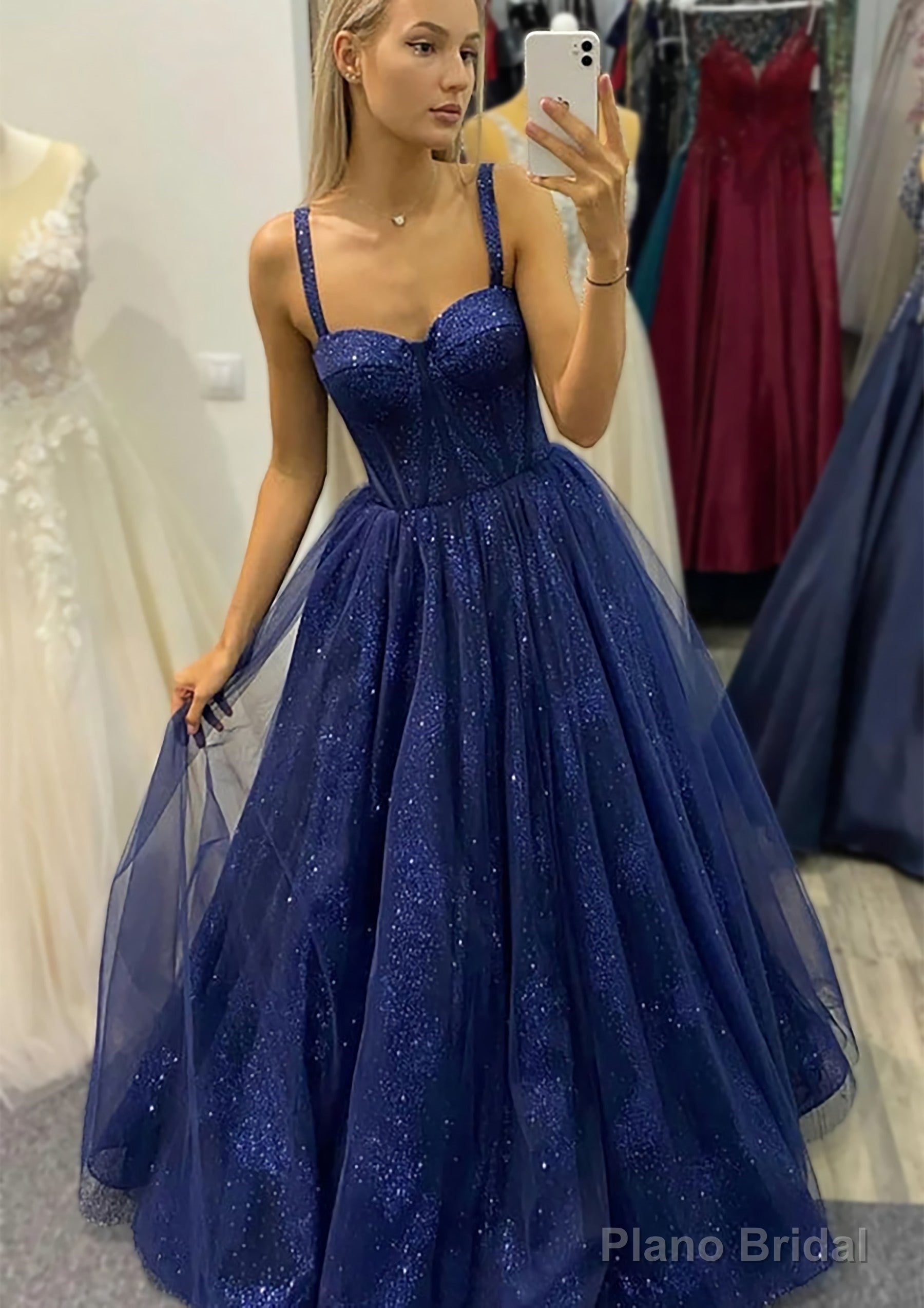 A-line Sweetheart Spaghetti Straps Long/Floor-Length Tulle Glitter Prom Dresses Main image