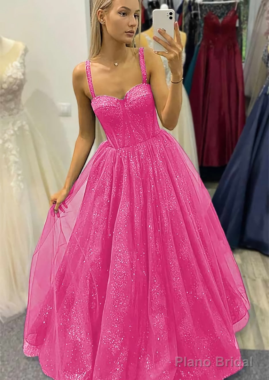 A-line Sweetheart Spaghetti Straps Long/Floor-Length Tulle Glitter Prom Dresses