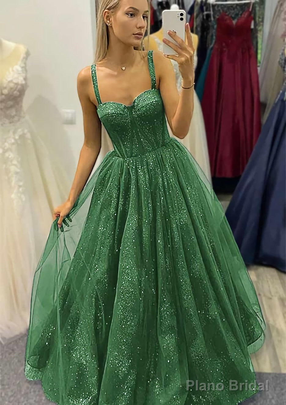 A-line Sweetheart Spaghetti Straps Long/Floor-Length Tulle Glitter Prom Dresses