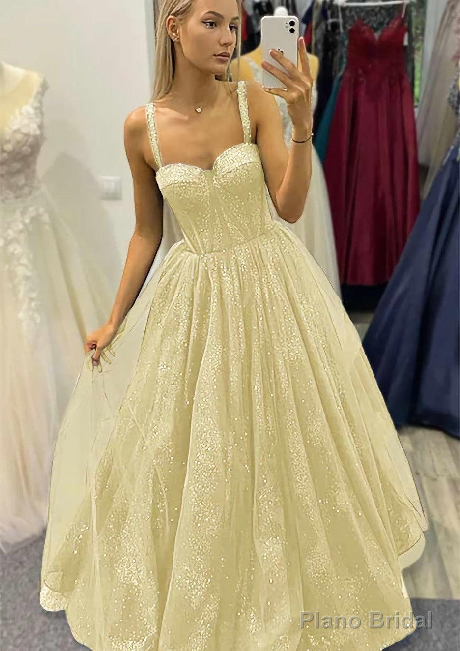 A-line Sweetheart Spaghetti Straps Long/Floor-Length Tulle Glitter Prom Dresses