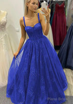 A-line Sweetheart Spaghetti Straps Long/Floor-Length Tulle Glitter Prom Dresses