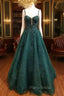 Dark Green Formal Prom Dresses, A-line Sweetheart Spaghetti Straps Long/Floor-Length Tulle Formal Prom Dresses With Beading Glitter Appliqued