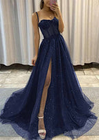 A-line Sweetheart Spaghetti Straps Sweep Train Tulle Glitter Prom Dresses With Appliqued