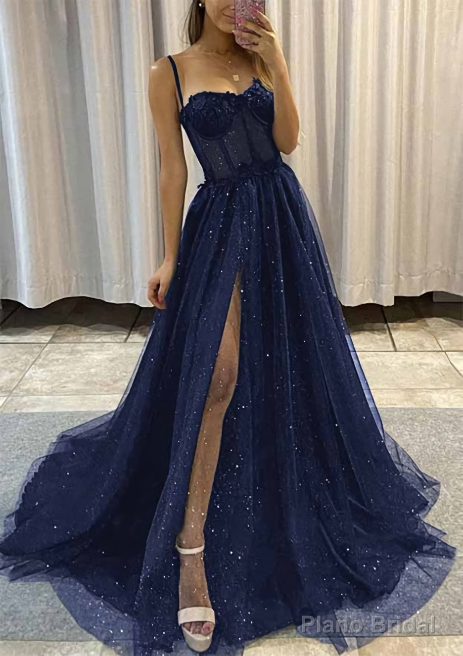 A-line Sweetheart Spaghetti Straps Sweep Train Tulle Glitter Prom Dresses With Appliqued