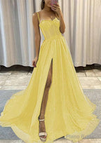 A-line Sweetheart Spaghetti Straps Sweep Train Tulle Glitter Prom Dresses With Appliqued