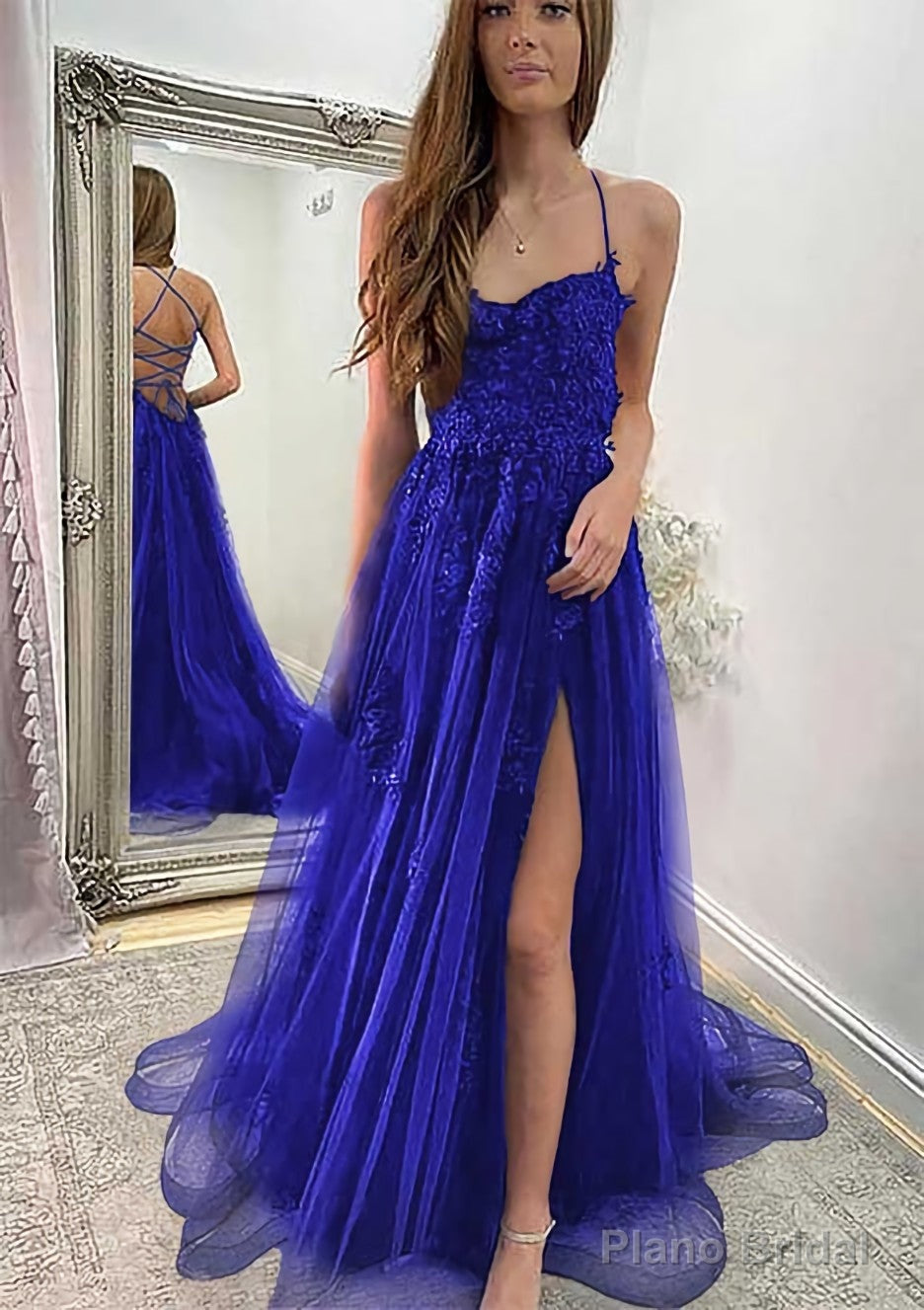 A-line Sweetheart Spaghetti Straps Sweep Train Tulle Prom Dresses With Appliqued Split Secondary image