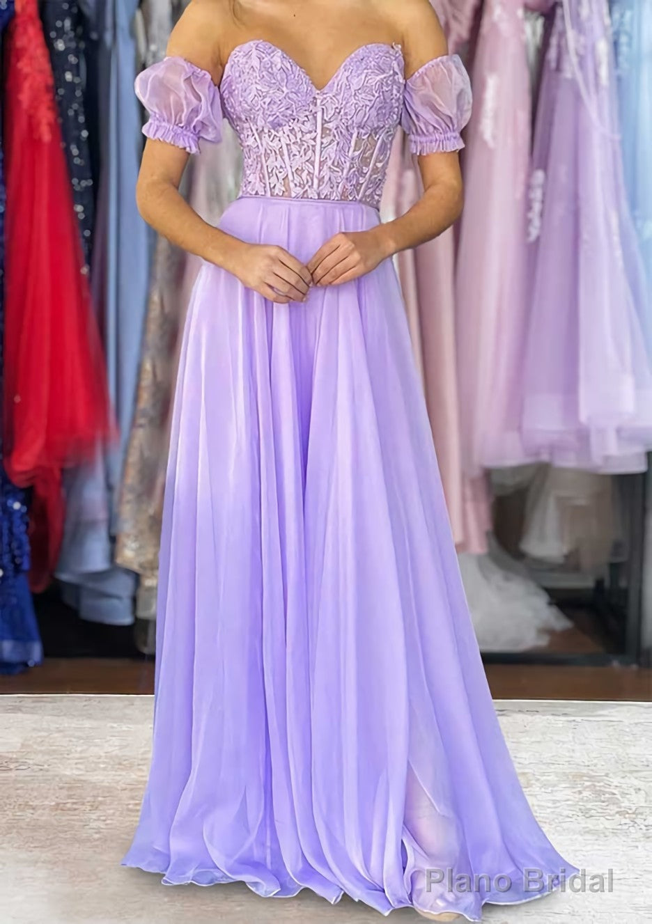 A-line Sweetheart Strapless Long/Floor-Length Chiffon Prom Dresses with Detachable Balloon Sleeves Main image