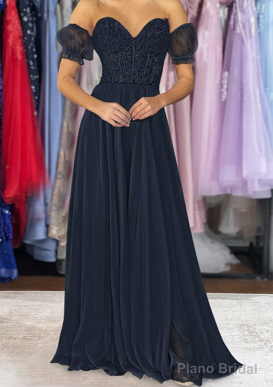A-line Sweetheart Strapless Long/Floor-Length Chiffon Prom Dresses with Detachable Balloon Sleeves Secondary image