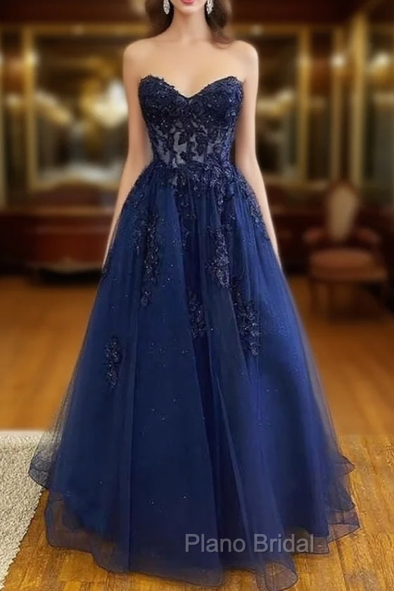 A-line Sweetheart Strapless Long/Floor-Length Tulle Formal Prom Dresses With Appliqued Sequins Glitter