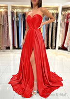 A-line Sweetheart Strapless Sweep Train Charmeuse Prom Dresses With Pleated Split